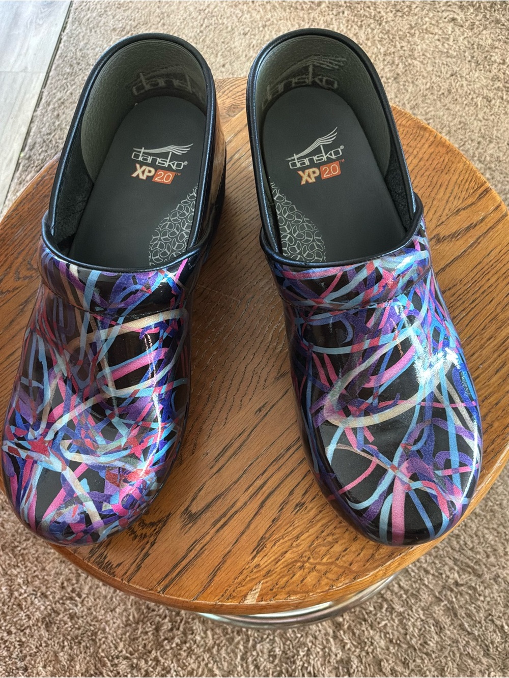 Dansko Women's Clogs in Black with Pink, Purple, Blue and Silver Swirl